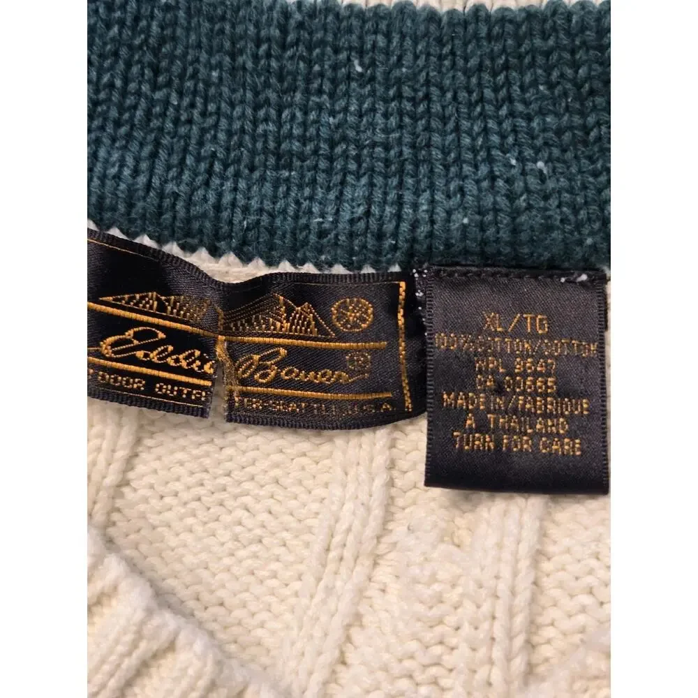VTG Eddie Bauer Green Cable Knit V-Neck Sweater Men’s Size XL. Tennis USA